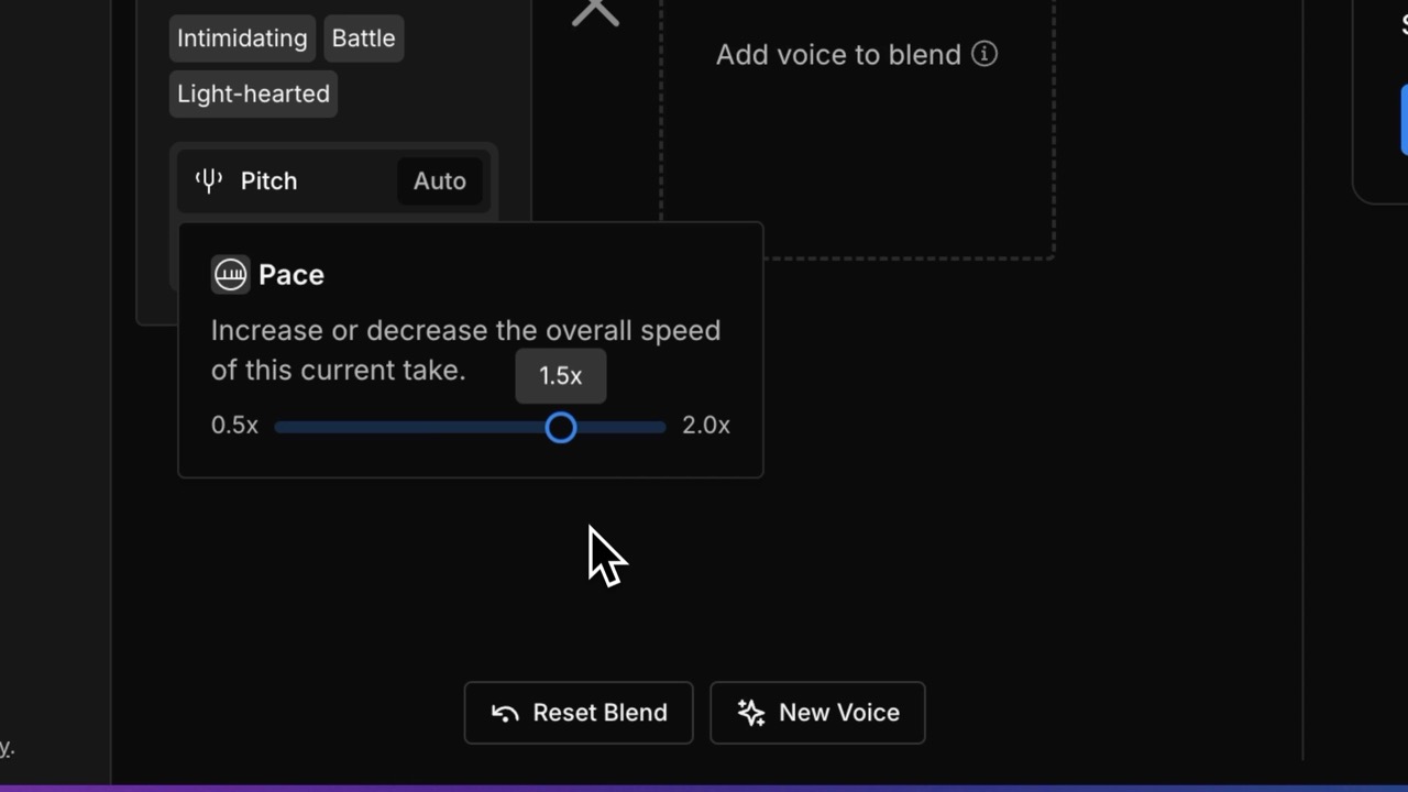Increasing the pace to 1.5x ensures the Custom Voice speaks faster.